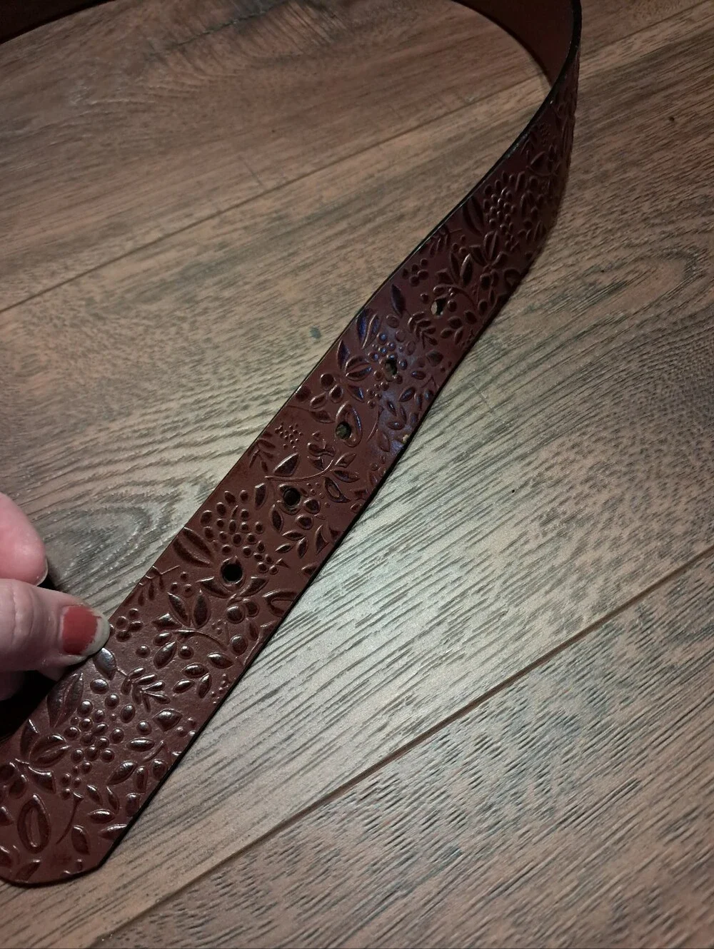 Women's Floral Embossed Brown Leather Belt with Decorative Buckle